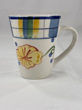 Royal Norfolk Hand Painted Ceramic Mug Yellow Flower Blue Plaid Trim Coffee Cup